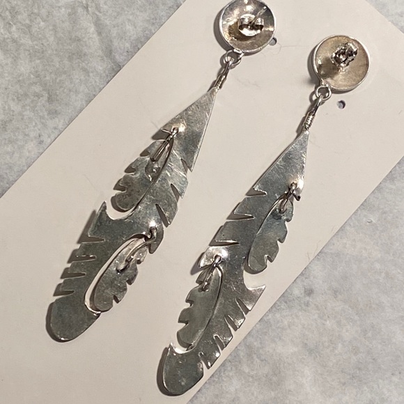 Native American Sterling Silver Dangle Long Feather Earrings Vintage - Picture 6 of 7